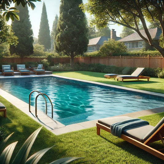 A tranquil suburban backyard with a swimming pool and chairs.