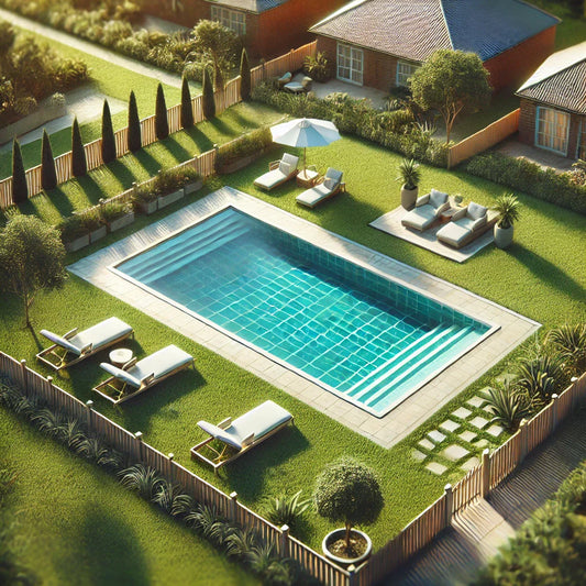 A peaceful suburban backyard with a swimming pool and chairs.