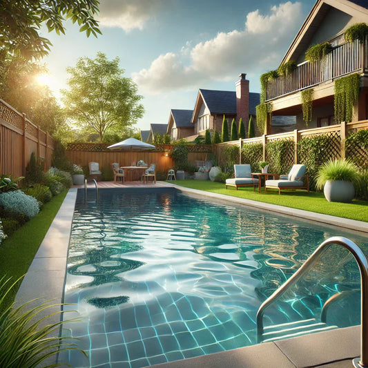 Peaceful backyard pool with lush greenery and cozy seating area.
