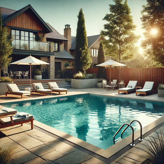 Serene suburban backyard with clean rectangular swimming pool and patio.