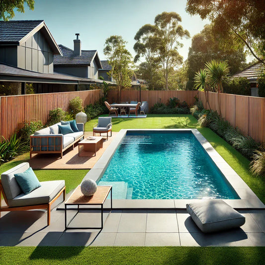 Serene suburban backyard with clean rectangular pool and patio furniture.