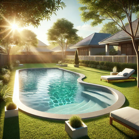 Clear pool surrounded by grass, lounge chairs, and trees.