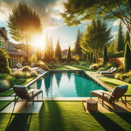 Suburban backyard with a serene swimming pool and lounge chairs.