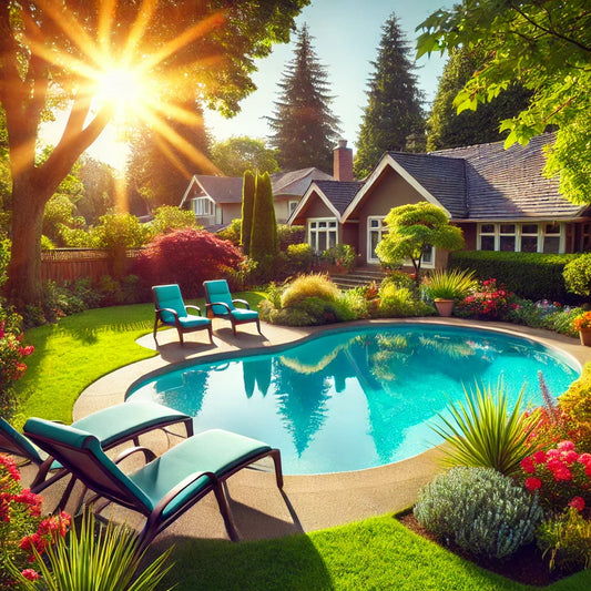 Serene suburban backyard with a pool, lounge chairs, and trees.