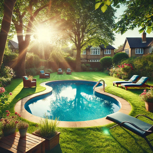 Tranquil suburban backyard with swimming pool, chairs, and trees.