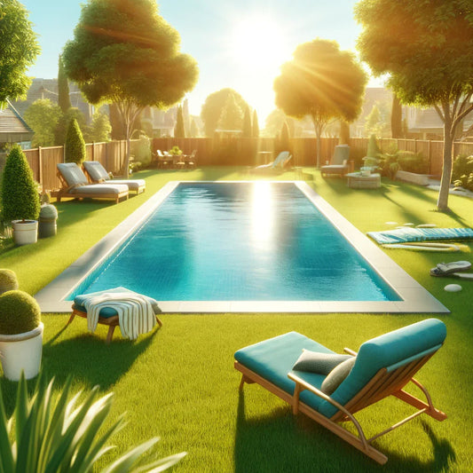 Sunny suburban backyard with clear pool, lounge chairs, and trees.