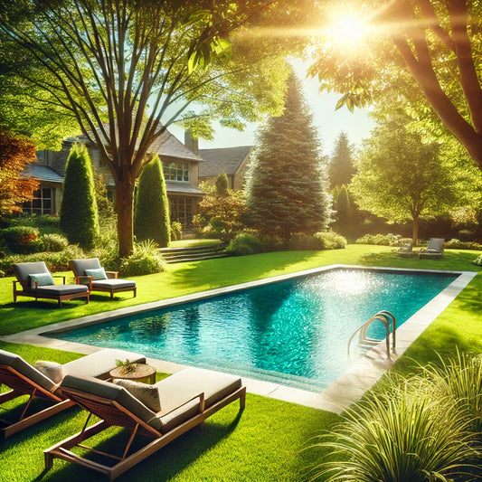 erene suburban backyard with a shimmering pool, lounge chairs, trees.