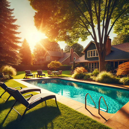 Pristine suburban backyard with a pool, lounge chairs, and trees.