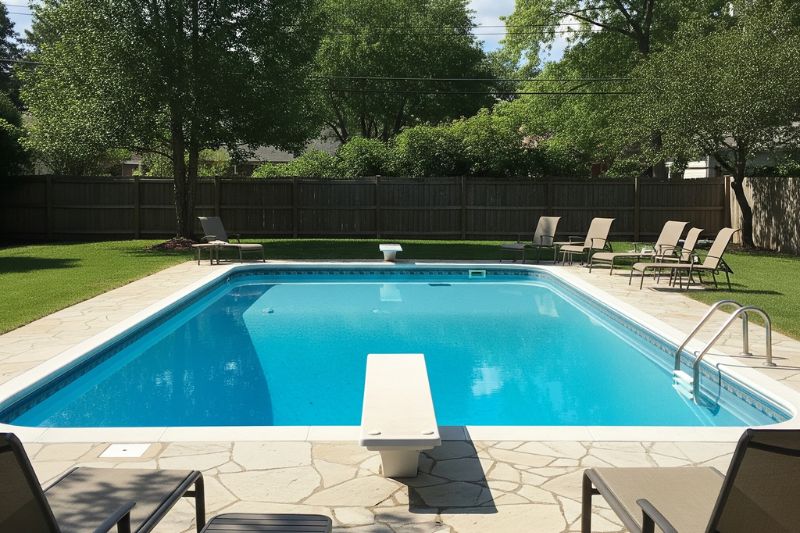 Pool cleaned and prepared for swimming with sparkling blue water