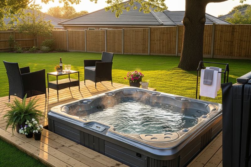 Hot tub surrounded by plants for an eco-friendly setting.