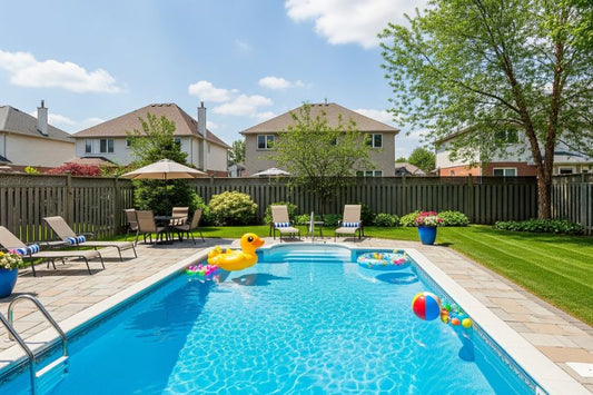 A family swimming together in a backyard pool.