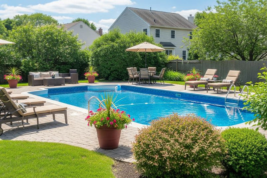 Sparkling backyard pool after algae treatment with clear blue water