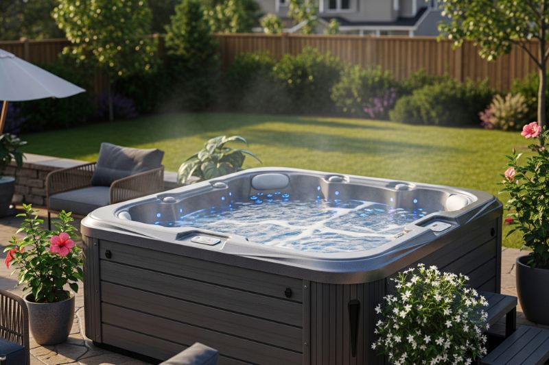 Person checking a hot tub for leaks near the pump area.