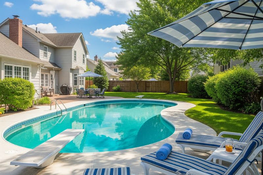 Outdoor storage shed and deck box neatly holding pool equipment like nets, hoses, and floats.