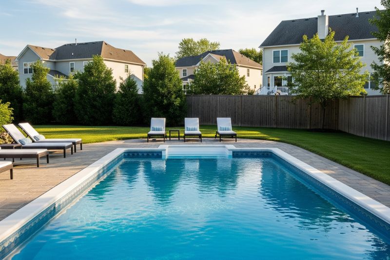 Bottle of pool clarifier beside a backyard pool ready for weekly maintenance