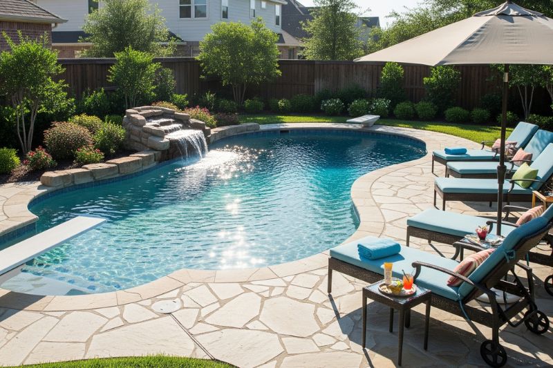A stylish backyard pool with a slip resistant deck surface.