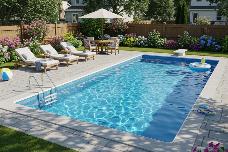 A pool with a heater system beside it on a sunny day.