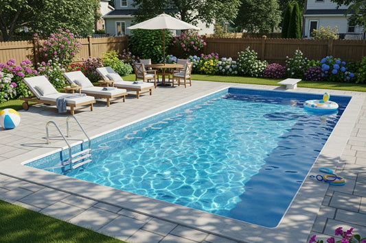A pool with a heater system beside it on a sunny day.
