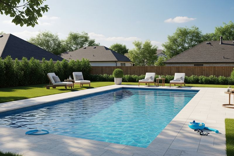  A backyard pool being cleaned after a storm with leaves and debris floating on the water.