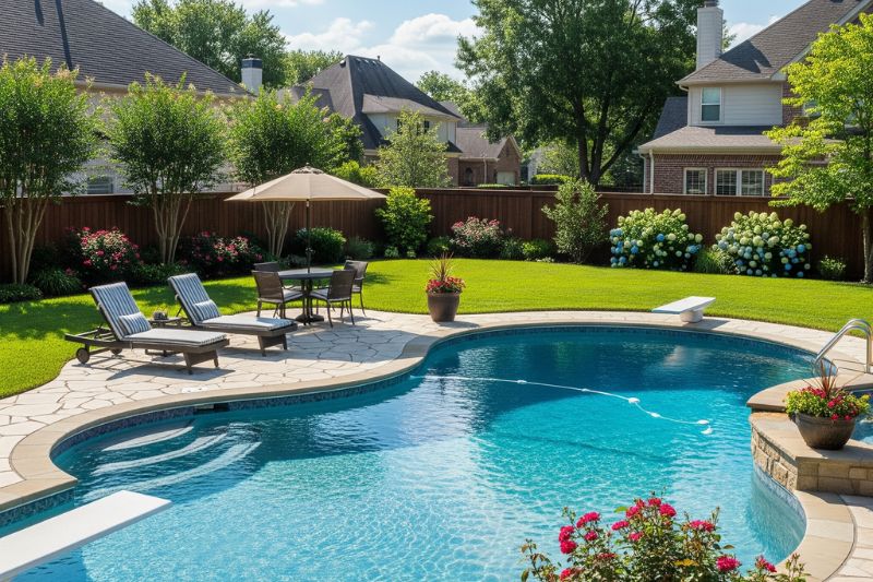 Pool floats, nets, and toys neatly stored in a backyard shed.