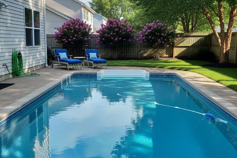 Person cleaning a swimming pool liner with a soft brush