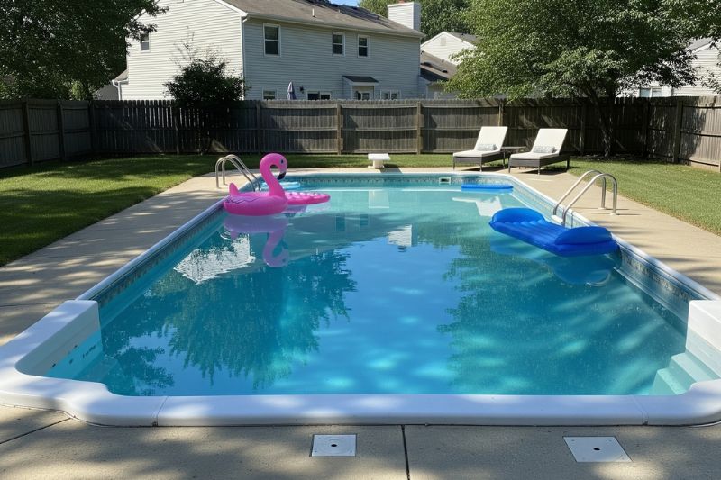 Swimming pool with visible damage and cloudy water