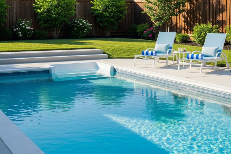 Bottles of pool clarifier and flocculant on the edge of a swimming pool