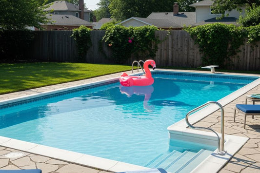  A backyard swimming pool covered with a winter pool cover, free of snow and debris.
