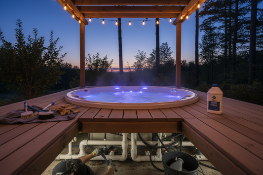 Outdoor hot tub with LED lights on a wooden deck at dusk showing foamy water surface