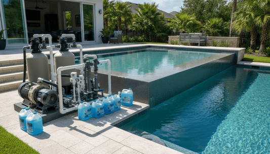 Pool equipment pad with two pump systems and antifreeze jugs beside a negative edge inground pool in a backyard