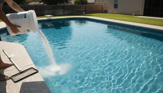 Calcium hardness increaser being added to a 20000 gallon fiberglass pool with blue water reflecting sunlight
