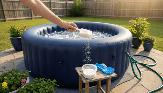 Dichlor granules being measured into a small scoop beside a 300 gallon inflatable hot tub on a backyard patio