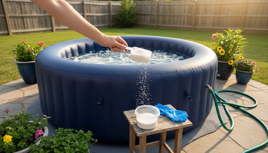 Dichlor granules being measured into a small scoop beside a 300 gallon inflatable hot tub on a backyard patio