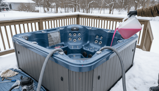 Hot tub antifreeze being poured into a 6 person spa jet line during winterization on a backyard deck
