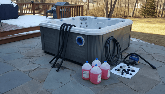 Jugs of antifreeze sitting next to a hard-shell hot tub on a backyard patio being prepared for winter