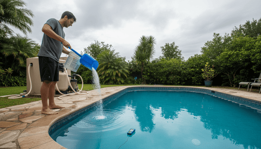 Measuring shock granules into a 15000 gallon backyard pool after heavy rain with a cloudy sky overhead