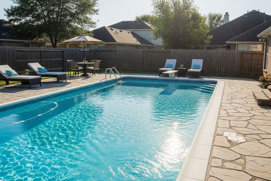 Sparkling clear backyard swimming pool water after removing pollen with clarifier