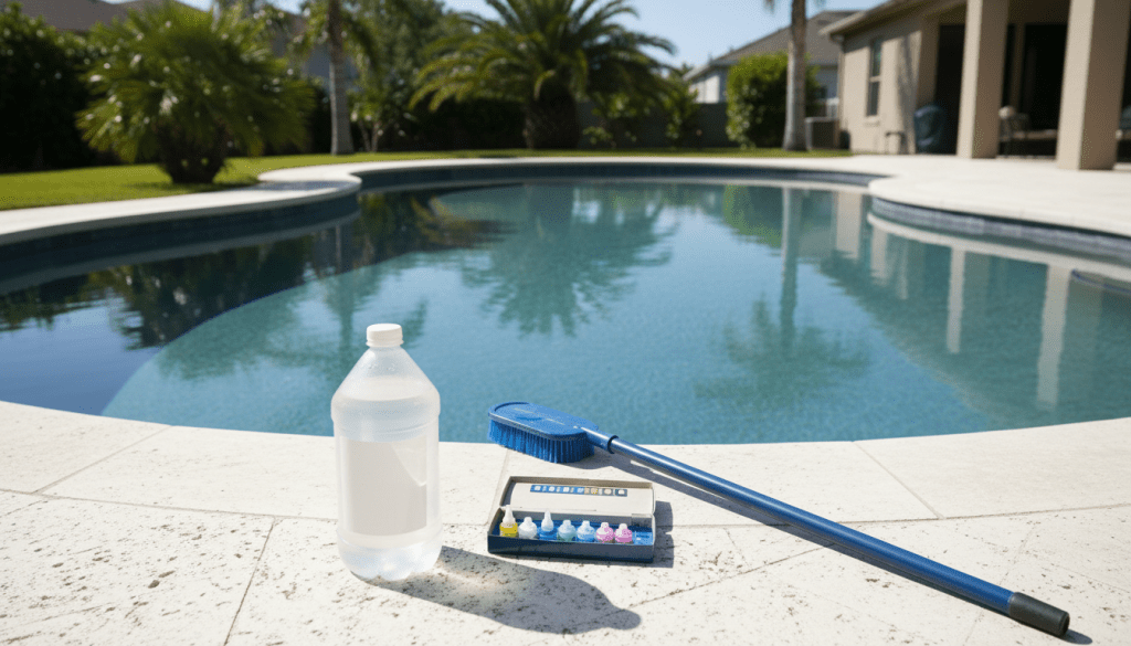 Muriatic acid bottle next to a test kit and brush on the pool deck of a large gunite swimming pool