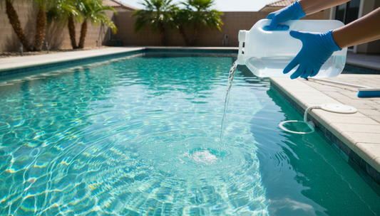Bottle of muriatic acid being poured into a 15000 gallon saltwater pool near the return jet on a sunny day