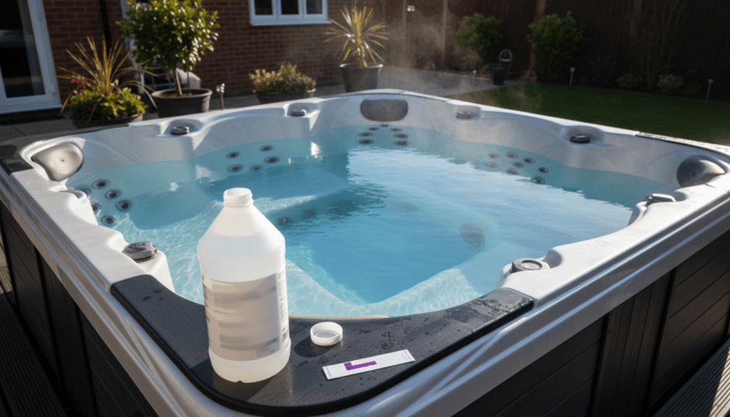 Muriatic acid bottle next to an open 6 person hot tub with a pH test strip on the edge