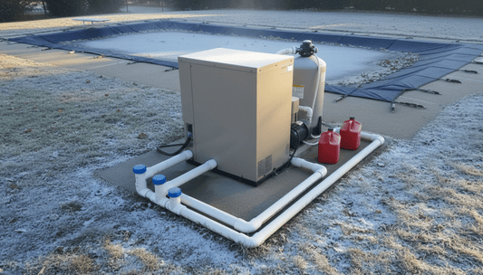 Pool equipment pad in winter with PVC bypass loop around a heat pump and capped return line fittings ready for antifreeze
