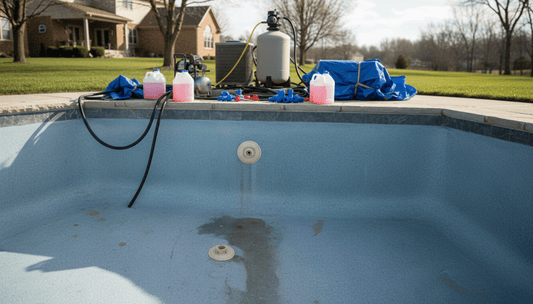 In-floor pool cleaning system pop-up head in a gunite pool floor with winterization equipment on the equipment pad nearby