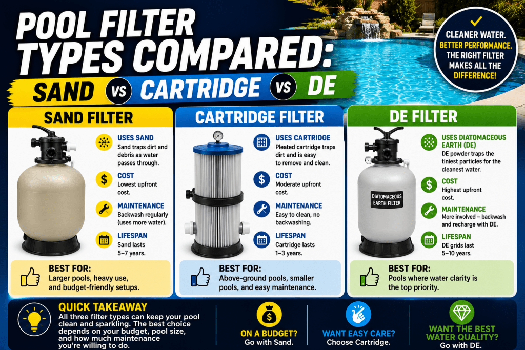 Pool Filter Types Compared: Sand vs Cartridge vs DE - AquaDoc