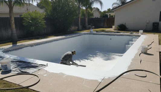 Fresh white pool plaster being troweled smooth inside an empty in-ground swimming pool by a worker