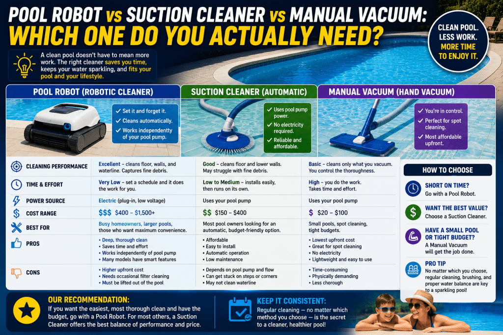 Pool Robot vs Suction Cleaner vs Manual Vacuum: Which One Do You Actually Need? - AquaDoc