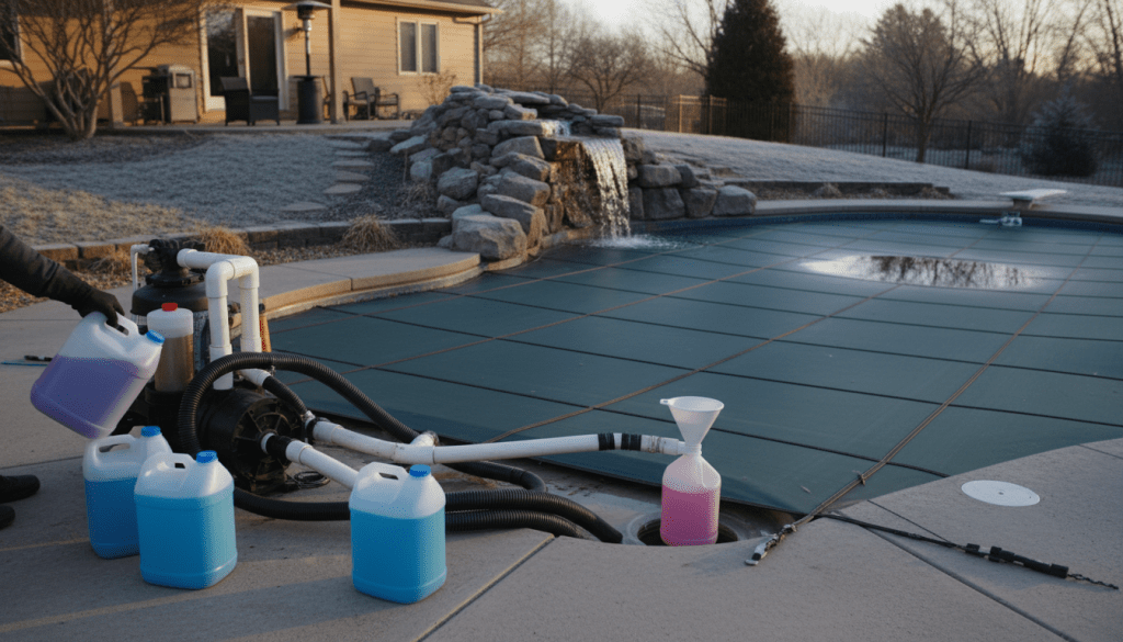 Pool waterfall feature beside a backyard swimming pool with visible pump lines and winterizing antifreeze jugs on the