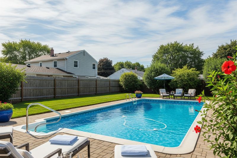 Backyard pool with a natural rock waterfall feature and landscaping