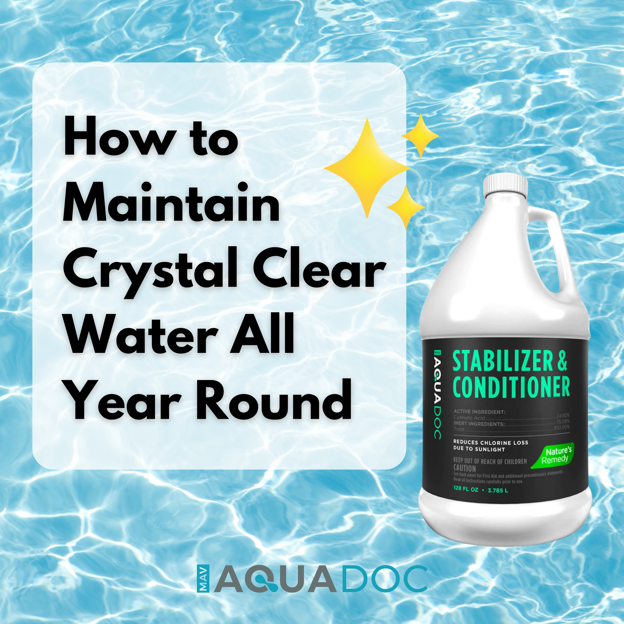 Pool stabilizer keeping chlorine active and fighting algae in a vibrant blue pool.