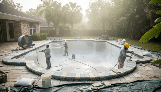Workers replastering a 20000 gallon gunite pool with new bead coping installed along the pool edge in a humid backyard