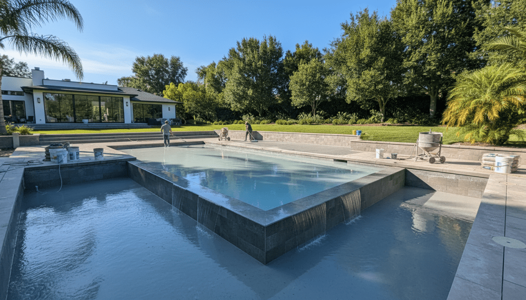 Replastering a 24x40 inground pool with a vanishing edge overlooking a backyard landscape on a sunny day